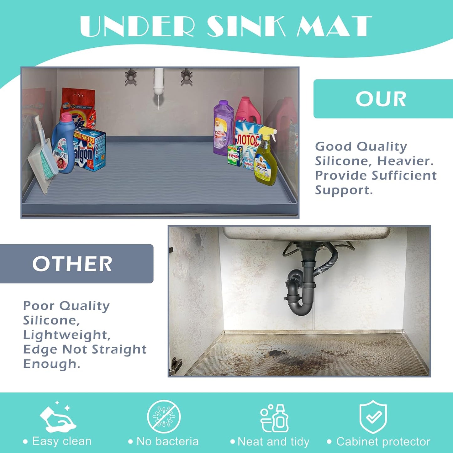URMONA Waterproof Silicone Under Sink Mat 22'' x 22'' Shelf Liner for Kitchen and Bathroom, Cabinet and Counter Protector, Storage and Organizers, Litter Mat, Pet Cat Puppy Essentials(Light Grey)