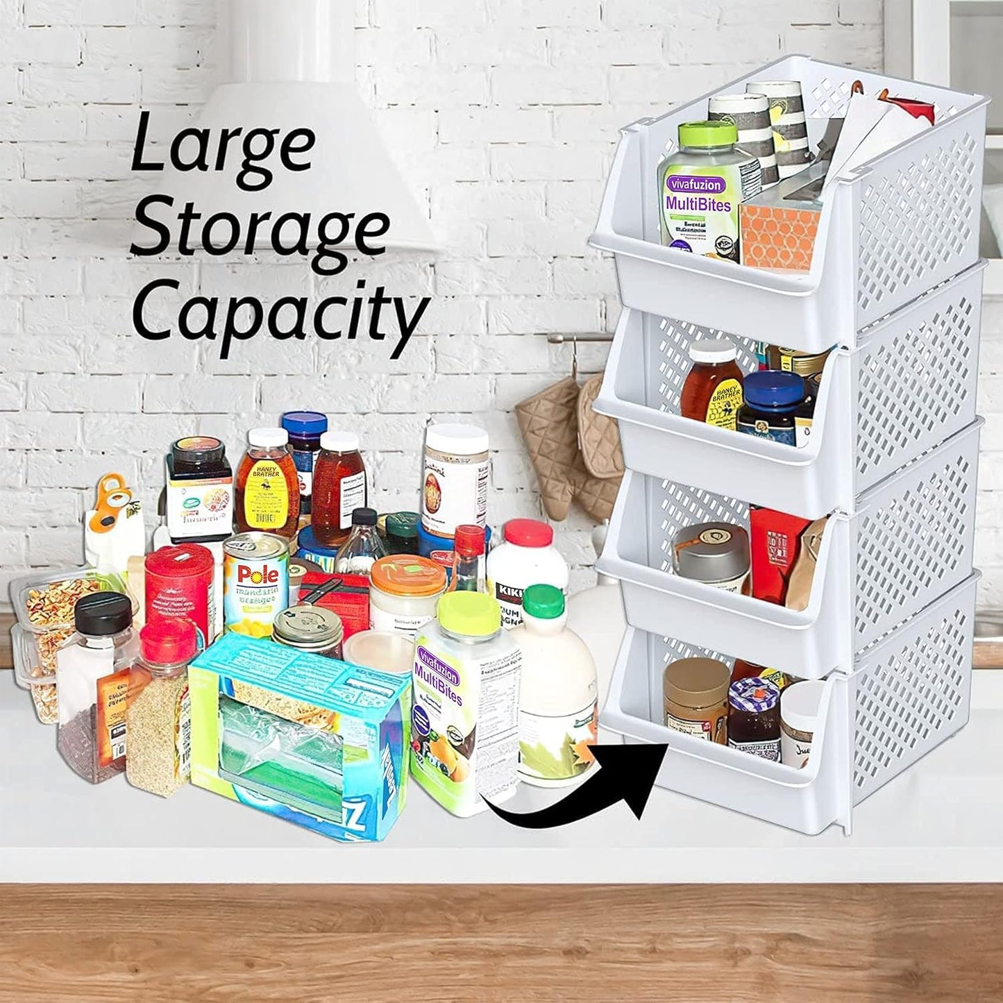 Skywin TidyFriend Plastic Stackable Storage Bins for Pantry, 8 Pack White Stackable Bins For Organizing Food, Kitchen, and Bathroom Essentials (Random)