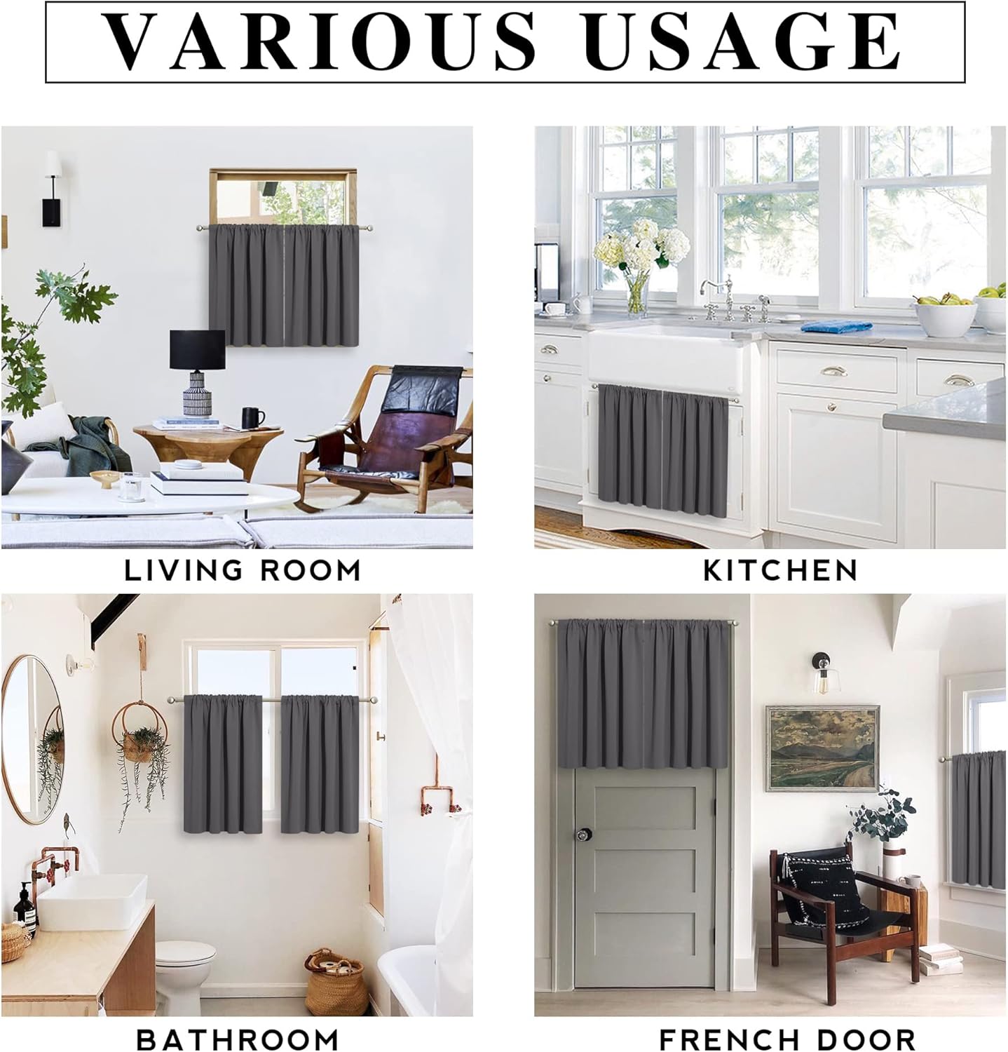 RYB HOME Blackout Curtains for Kitchen, Over Sink Privacy Curtains Window Decor, Thermal Insulating Drapes for Bathroom Cafe Bedroom Small Window, W 42 x L 24 inch, Grey, 2 Panels