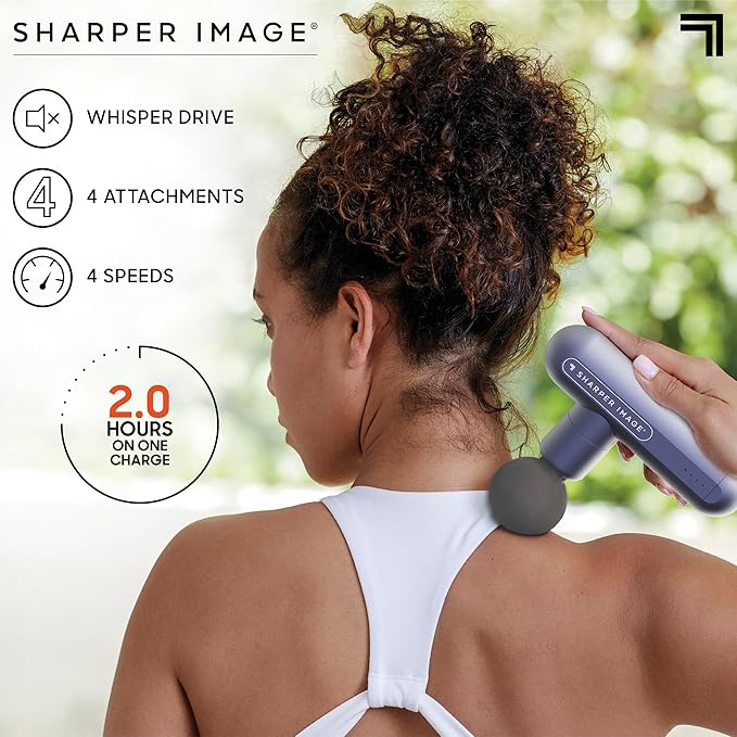 Sharper Image Powerboost Move 2.0 - Mini Percussion Massage Gun| 4 Attachments, 4 Speeds| Portable Full Body Back & Shoulder Massager| Muscle Recovery & Pain Relief| Deep Tissue Massage Tool Gift