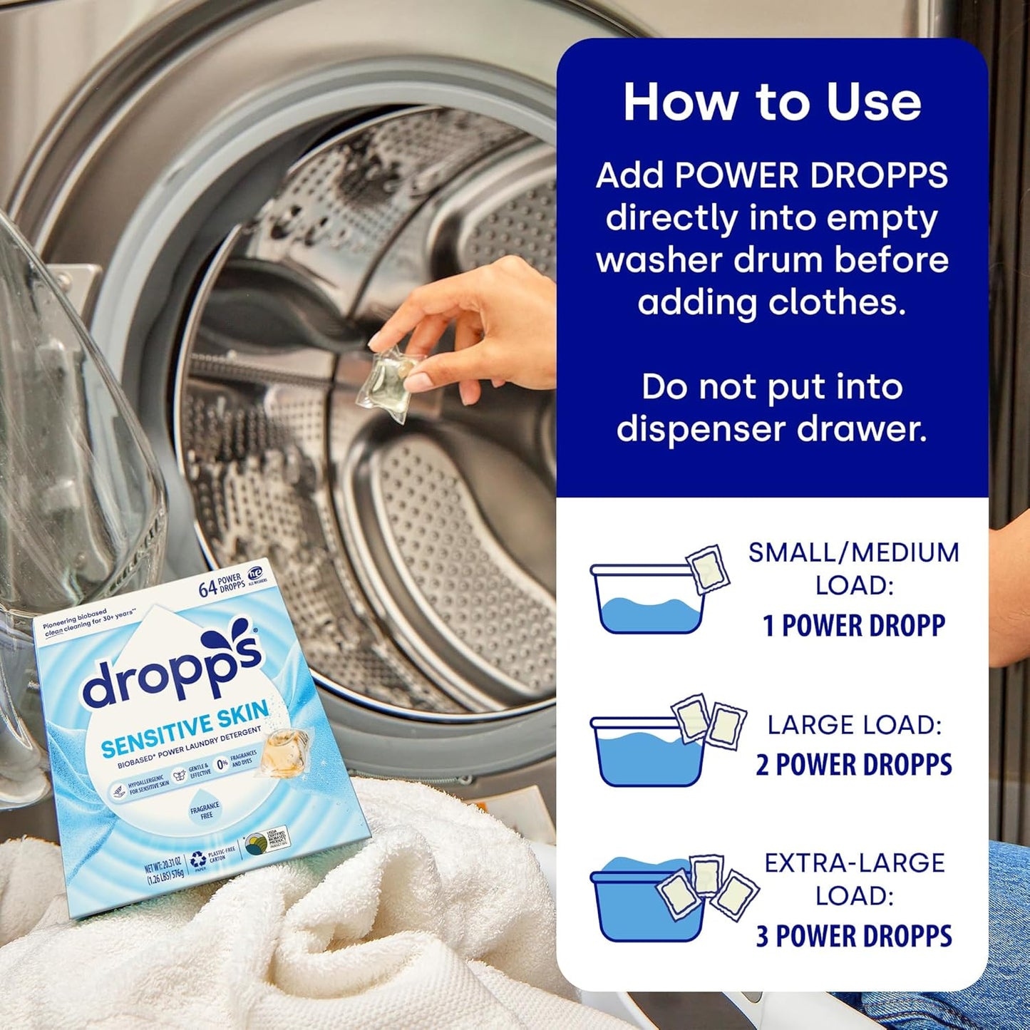Dropps Sensitive Skin Laundry Detergent Pods, Unscented (64 Count) - Dermatologist Tested Laundry Pods - HE Compatible Laundry Supplies for Clean Clothes, Vegan & Dye-Free