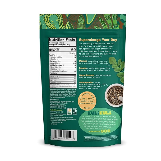 Kuli Kuli Organic Moringa Greens Smoothie Mix - Plant-Based Superfood Protein Smoothie Mix, Chocolate PB, 7.9 Ounce Pouch, Vegan and Gluten-Free with 8g Pea Protein and 1 Cup Greens Per Serving