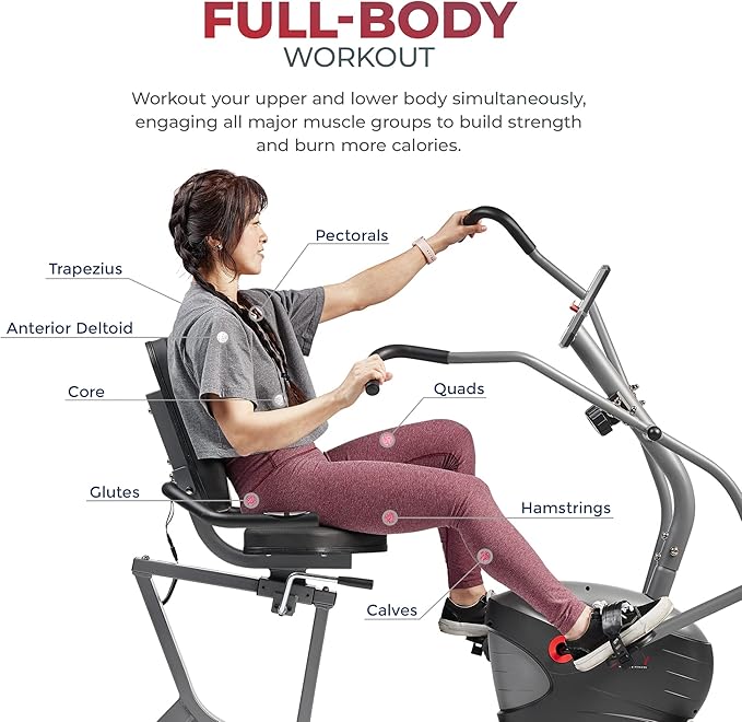 Sunny Health & Fitness Smart Recumbent Bike, Full-Body Home Training with Arm/Leg Exercisers, Indoor Cycling Workout Machine Plus Adjustable Seat & Bulit-in Pulse Sensors, Free SunnyFit App Connection