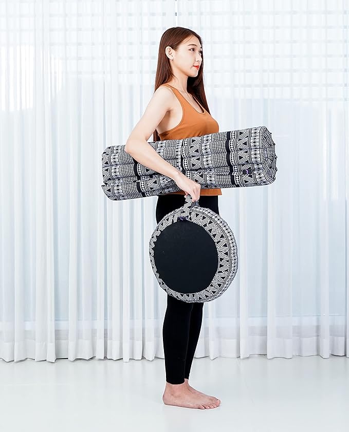 Leewadee Meditation Cushion Set – 1 Round Zafu Meditation Pillow and 1 Square Roll-Up Zabuton Meditation Mat, Pillows Bundle Filled with Kapok