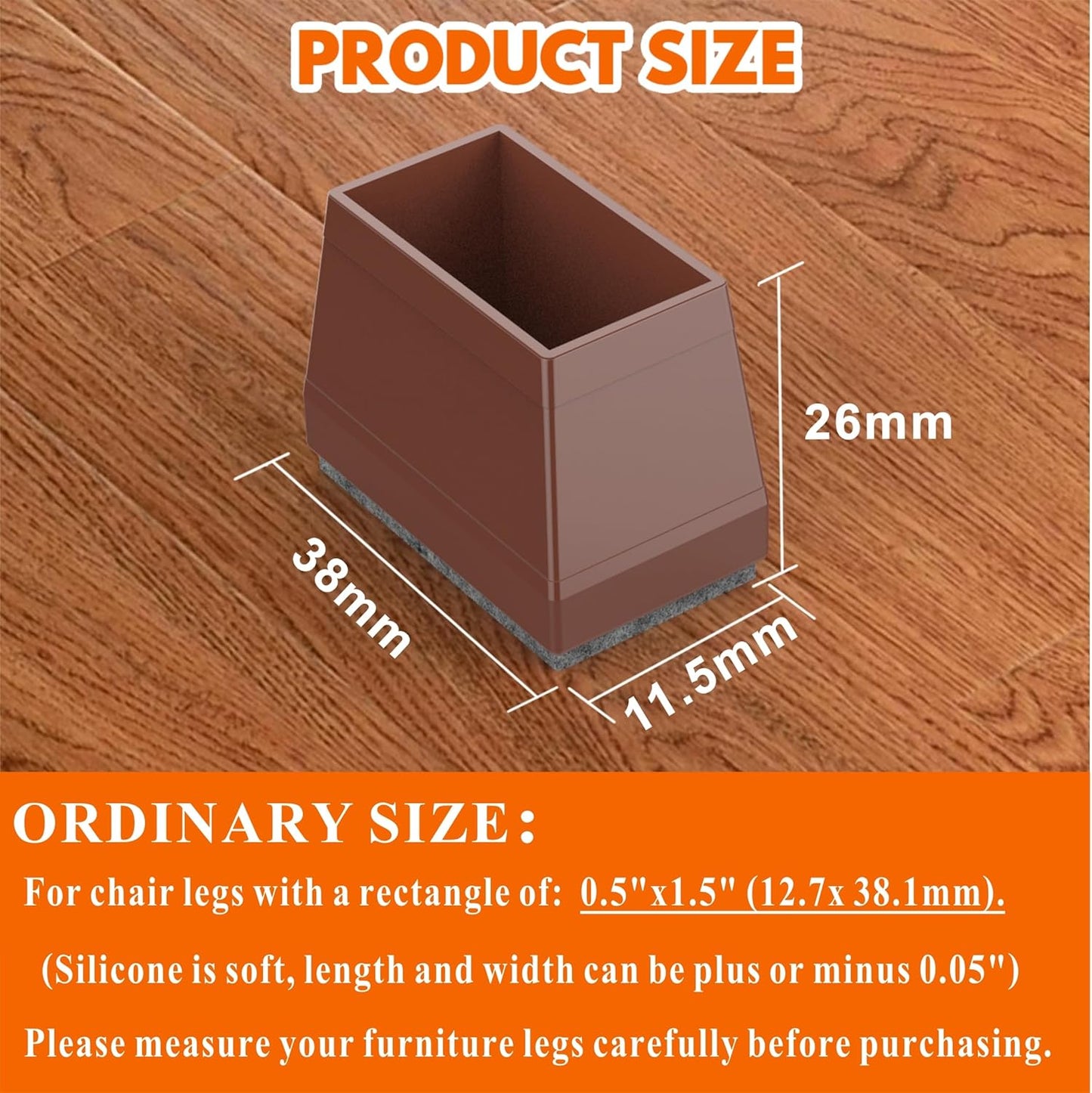 Rectangle Chair Leg Protectors for Hardwood Floors,16 PCS Silicone Covers to Protect Wood Tile Floors Felt Pads Furniture Leg Caps Reduce Noise. Easy to Move.(Brown,0.5 x 1.5 Inch,Rectangle)