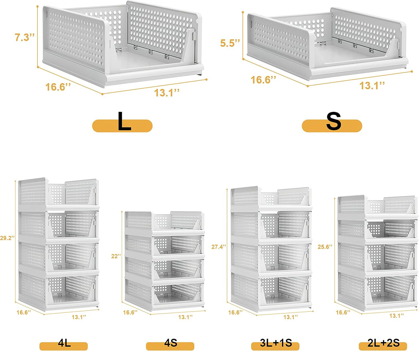 Proarea 4 Pack Stackable Plastic Storage Basket Closet Organizer Bin Foldable Clothes Organizer Storage Drawer Shelf Container for Living Room Bathroom Kitchen Office (4S)