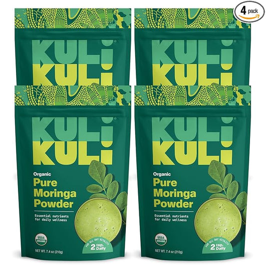 Kuli Kuli Moringa Oleifera Organic Leaf Powder & Green Smoothie, 100% Pure USDA Certified & Non-GMO Moringa Powder, Great with Smoothies, Tea, and Food, 4 Pack