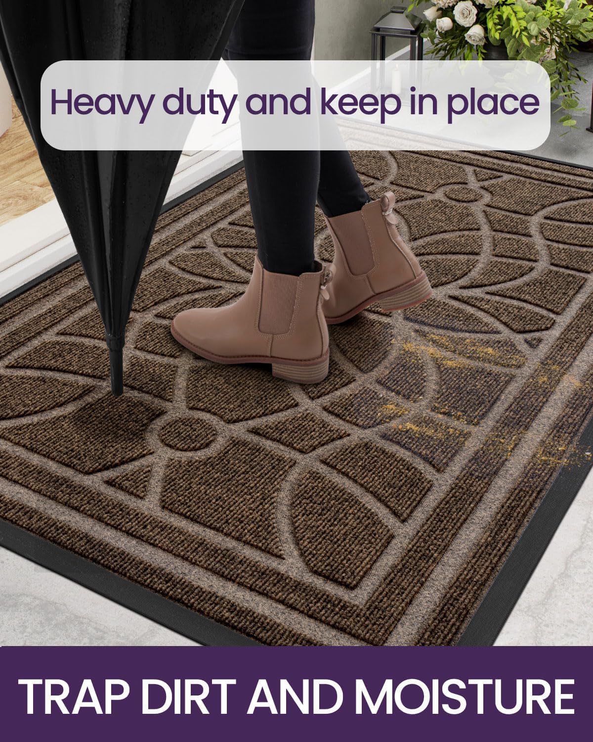 DEXI Front Door Mat Outside Entrance, Heavy Duty Non Slip Low Profile Doormat for Entryway, Trap Dirt and Moisture Welcome Mats, Easy Clean, Patio, Garage, 5x3, Brown