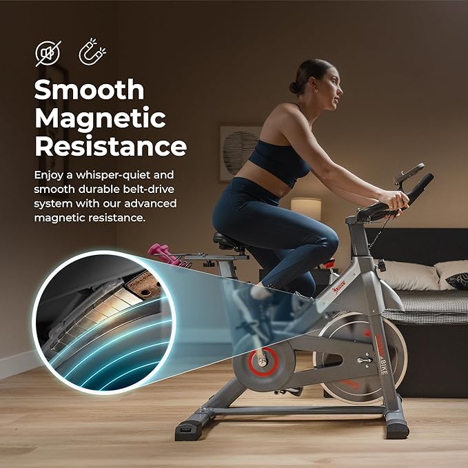 Sunny Health & Fitness Indoor Cycling Exercise Bike w/Adjustable Cushion Seat & Multi-Grip Handlebar, Stationary Workout Equipment For Adult Cardio Training, Optional Free SunnyFit App Connection