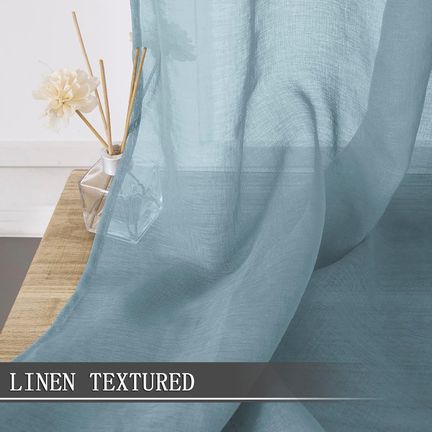 Tollpiz Short Sheer Curtain Living Room Linen Textured Curtains Sheer Light Filtering Voile Rod Pocket Curtain for Bedroom, 38 x 54 inches Long, Dusty Blue, Set of 2 Panels