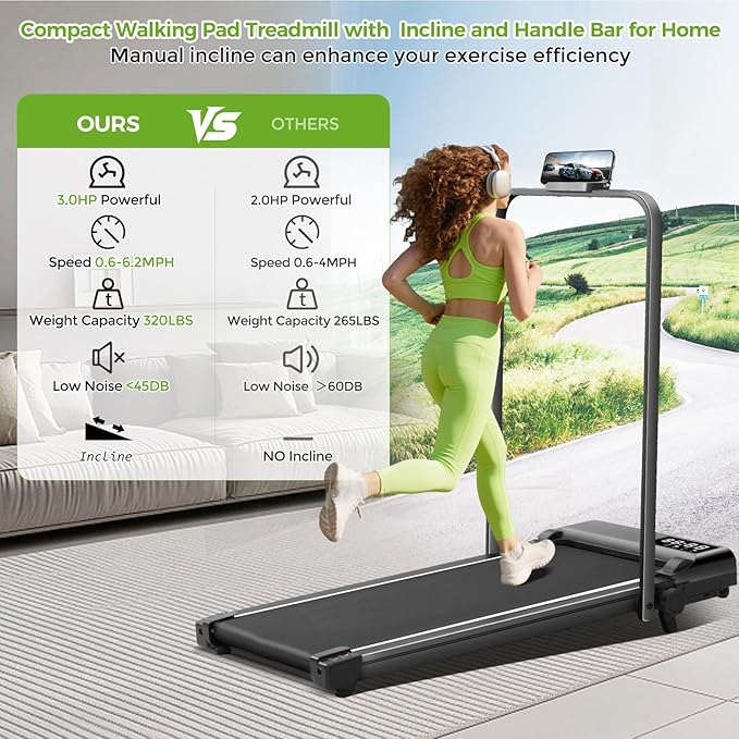Walking Pad with Incline and Handle Bar, 3.0HP Portable Electric Walking Pads Treadmill with Handles for Home Small Spaces, 0.6-6.2 MPH Compact Small Under The Desk Treadmills Home, 320LBS Capacity