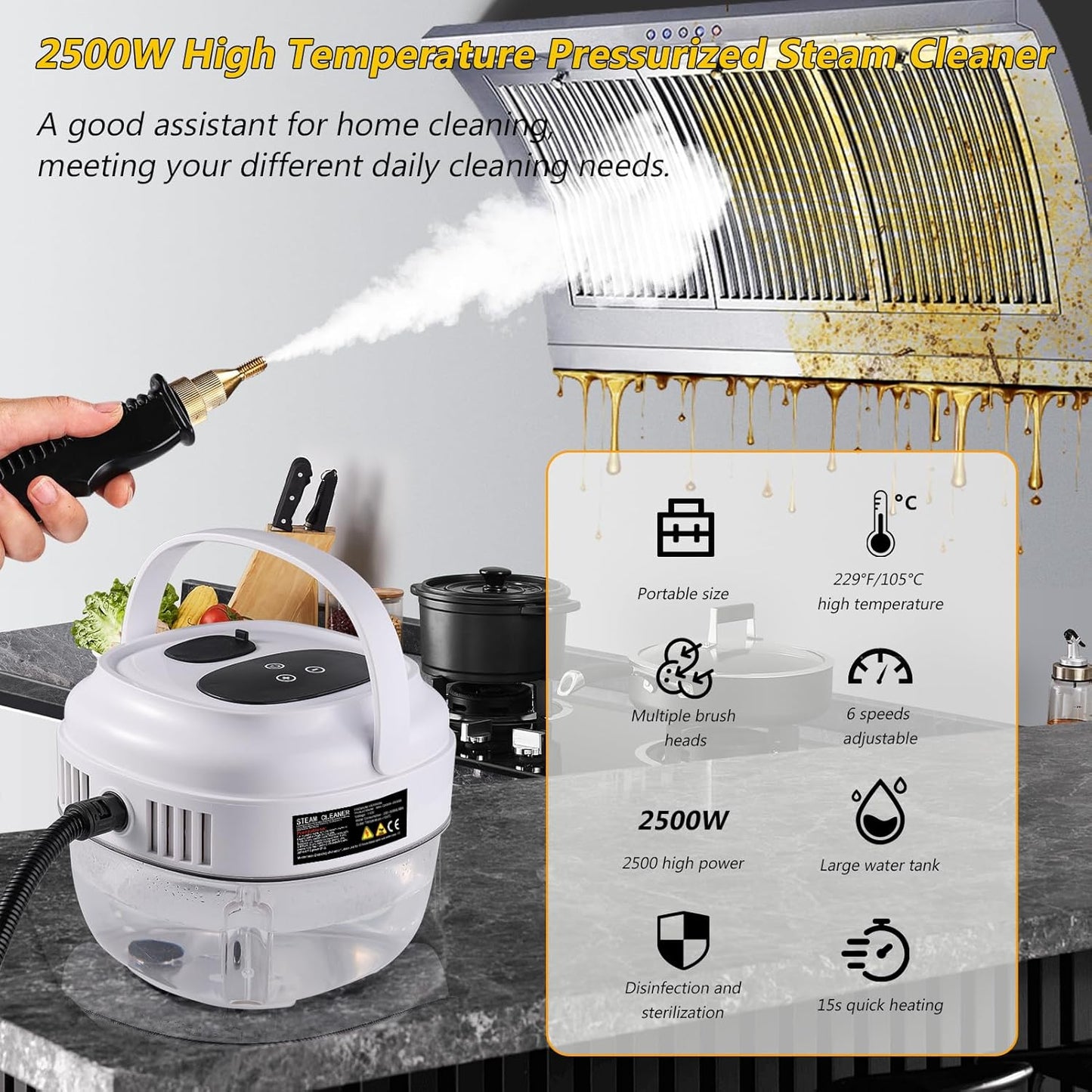 Handheld Steam Cleaner, 2500W Portable Steamer For Cleaning Car Detailing and Grout, 15s Heat-Up, 1.5L Tank Pressurized Steam Cleaner for Home Use & all Surfaces