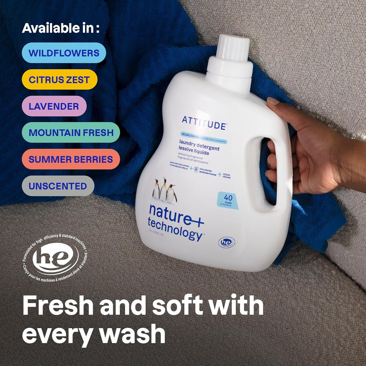 ATTITUDE Liquid Laundry Detergent, EWG Verified, HE Compatible, Plant-Based & Vegan, Natural Laundry Soap, Mountain Fresh Scent, 40 Loads, 67.6 Fl Oz