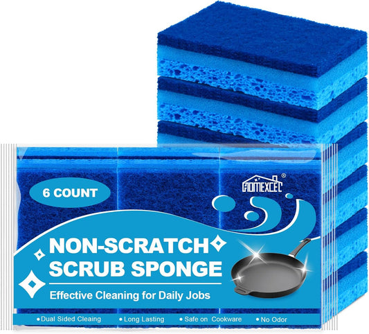 HOMEXCEL Sponges Kitchen 6pcs, Non-Scratch Sponges for Dishes, Scrub Cleaning Sponge Safe on Non-Stick Cookware, Dual Sided Dish Sponge for Kitchen, Household, Bathroom and More
