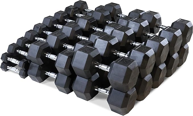 WF Athletic Supply Rubber Coated Hex Dumbbell Set, Multiple Choices Available - Dumbbells with Rack Stand and Mat, or Dumbbells Only (200/550/1200/2100/3000 LB)