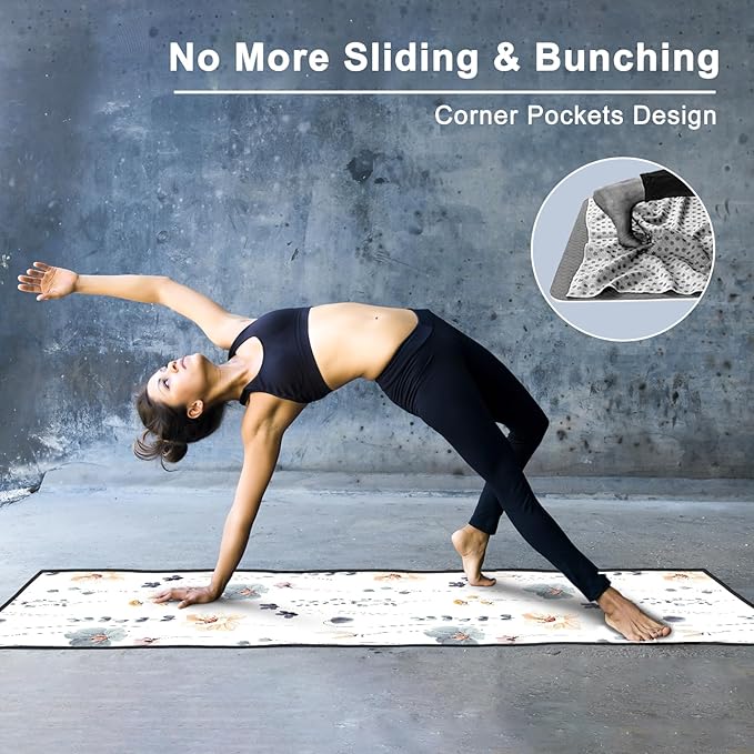 QiyI Floral Yoga Mat Towel with Corner Pockets, Non Slip Sweat Absorbent Hot Yoga Towels, Soft Yoga Blankets with Travel Bag, Mat Cover for Workout, Gym, Fitness - 70"x26", Watercolor Flowers