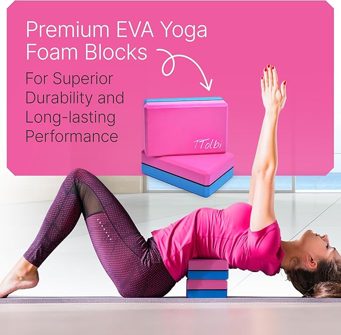 Yoga Blocks 2 Pack Set with Dance Stretch Band & Guide: Non-Slip EVA Foam Block - Ideal Stretching Equipment for Home Workouts, Pilates, Dance, Ballet, Gymnastics, Exercise - Stretch Strap Stuff Props