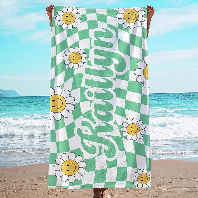 JML Personalized Beach Towel with Name, Custom Flower Beach Towel, Customized Microfiber Pool Towel, Quick Dry & Absorbent Swim Towel for Adult,Anniversary, Birthday, Summer Holiday,Vacation