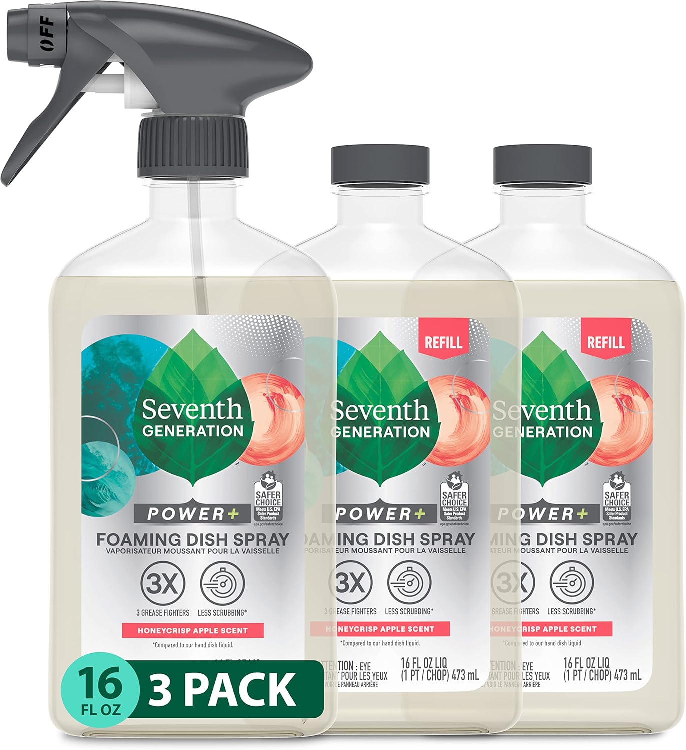 Seventh Generation Foaming Dish Spray, Honey Crisp Apple 16 Fl Oz (Pack of 3), Refill Pack of 3 with 1 Sprayhead