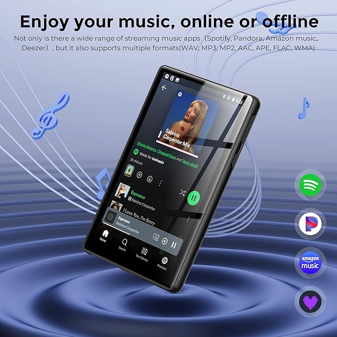 128GB MP3 Player with Bluetooth and WiFi，Music Video Player with Spotify Pandora,Amazon Music, 5" Touch Screen Android MP4 MP3 Player for Kids with Audible, YouTube, Spotify Kids,up to 256GB(Black)