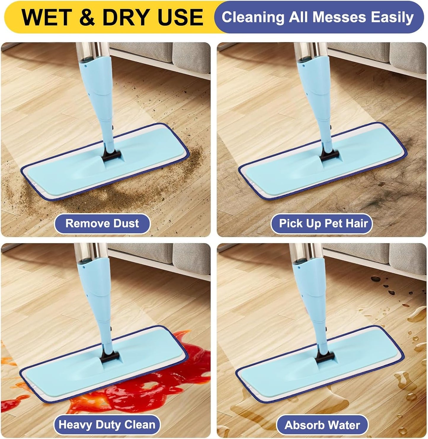 16.5 Inch Reusable Mop Pads Microfiber Spray Mop Replacement Heads for Wet/Dry Mops Compatible with Bona Floor Care System (6 Pack)