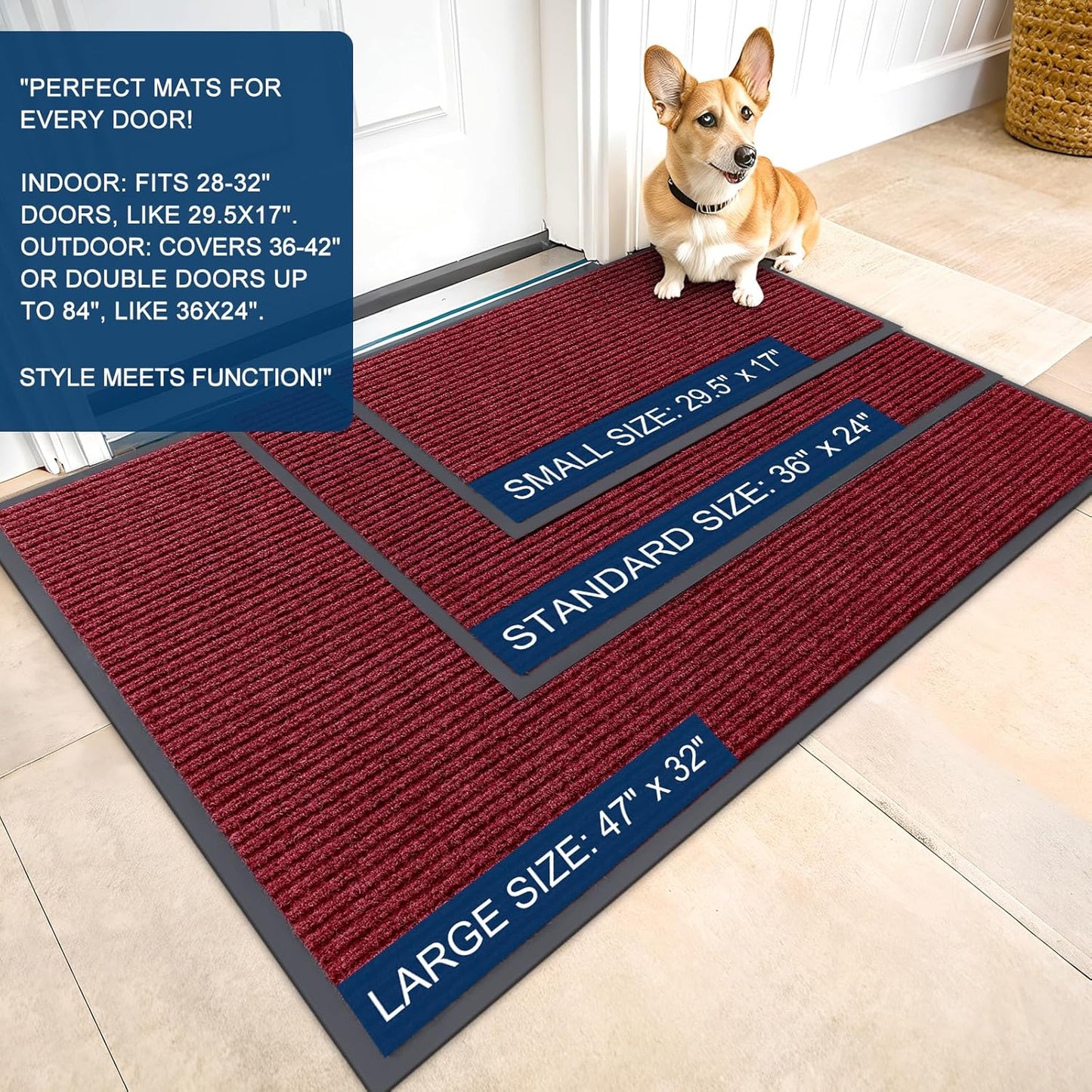 OLANLY Front Door Mat Indoor Outdoor Entrance, Waterproof Heavy Duty Doormat, Fade Resistant, Low Profile, Easy Clean Patio Porch Welcome Floor Mats for Entry, 47x23, Wine Red