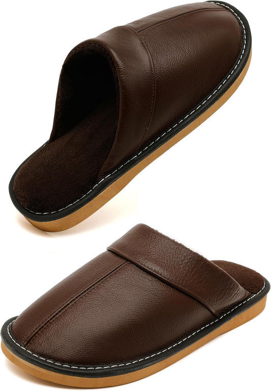 Slippers for Women Men, Genuine Leather Slippers Indoor Outdoor, Fuzzy Bedroom House Shoes for Women Men, Plush Lining Womens Sandals Slip-on