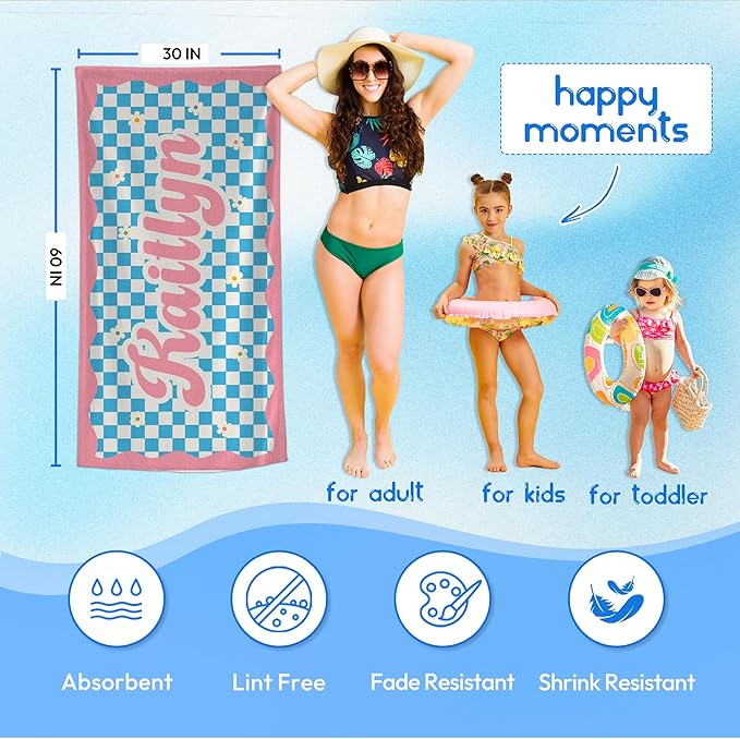 JML Personalized Beach Towel with Name, Custom Flower Beach Towel, Customized Microfiber Pool Towel, Quick Dry & Absorbent Swim Towel for Adult,Mother's Day, Birthday, Summer Holiday,Vacation