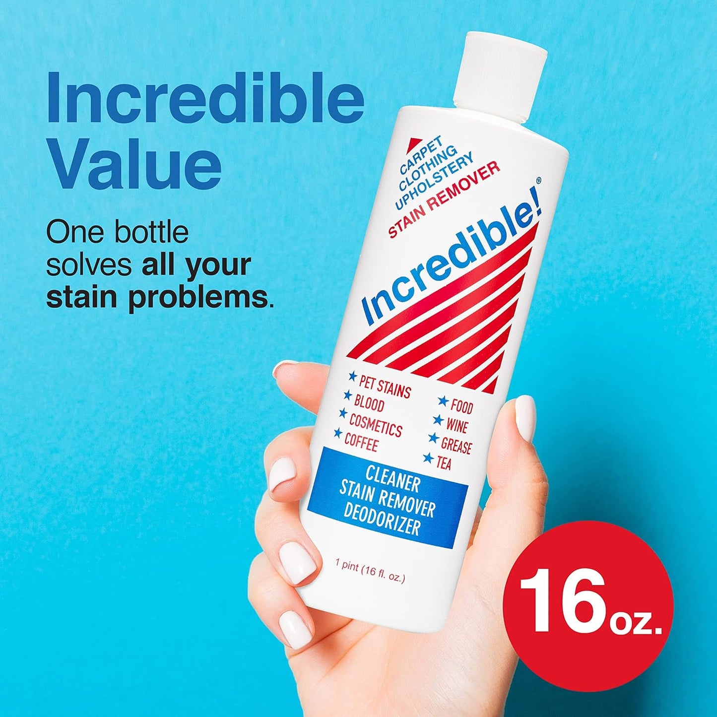 INCREDIBLE! Stain Remover - Commercial Pack Quantity, Professional Stain Cleaner For Carpets, Fabric, Linen, Laundry, Mattress, Car Upholstery – Pet Stains, Urine, Blood, Red Wine, 16.oz, Pack of 6