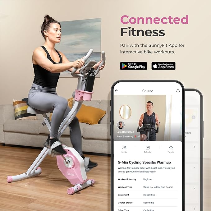 Sunny Health & Fitness Smart Folding X-Bike, Portable Compact Exercise Bike for Indoor Cycling Workout, Home Cardio Training Machine, Free SunnyFit App Bluetooth Connect, Optional Foldable Recumbent
