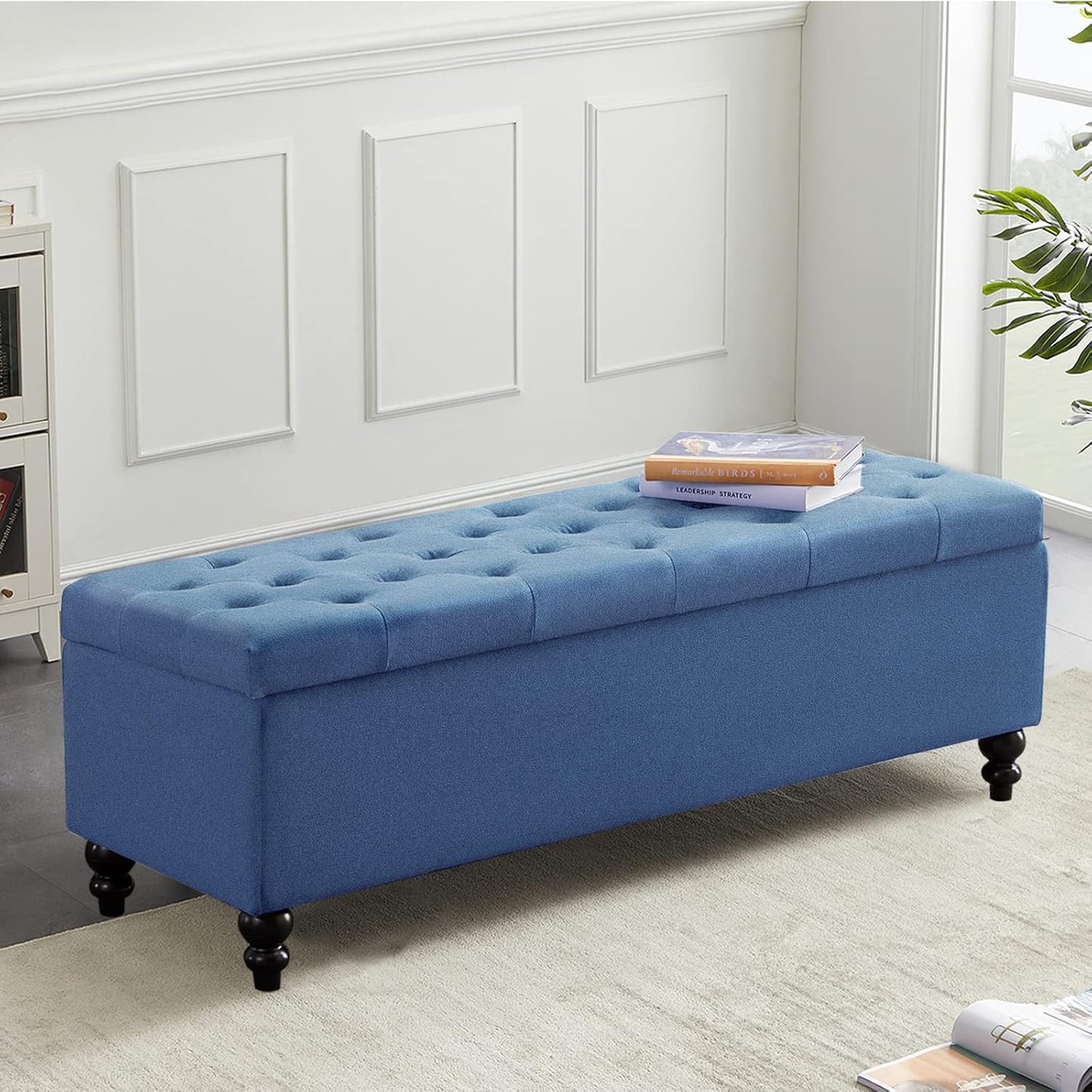 Storage Ottoman 50.2 Inches Upholstered Fabric Storage Ottoman Bench，Button Tufted Ottoman with Storage for Living Room，Bedroom End of Bed Bench Withstands 302lbs (Blue)