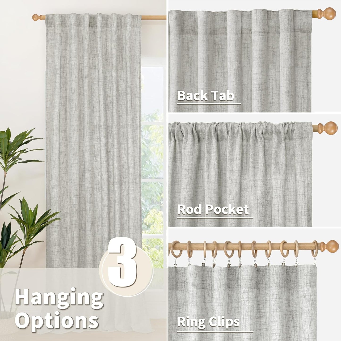 YoungsTex Linen Curtains 63 Inch Length for Living Room, Light Grey Semi Sheer Drapes Rod Pocket Back Tab Light Filtering Window Treaments for Bedroom Office, 38 X 63 Inch, 2 Panels