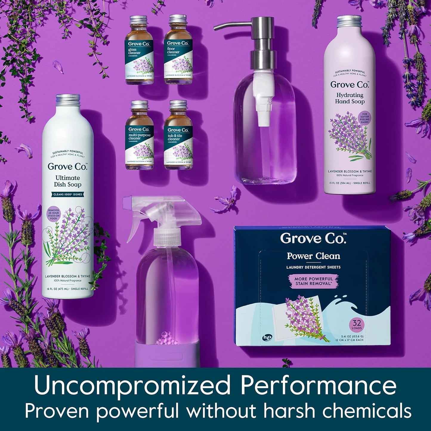 Grove Co. Floor Cleaner Refill Concentrate (2 x 1 Oz) + 1 x Durable Glass Spray Bottle (16 Oz) Plant-Based Cleaning Supplies Bundle, No Plastic Waste, 100% Natural Lavender & Thyme Scent