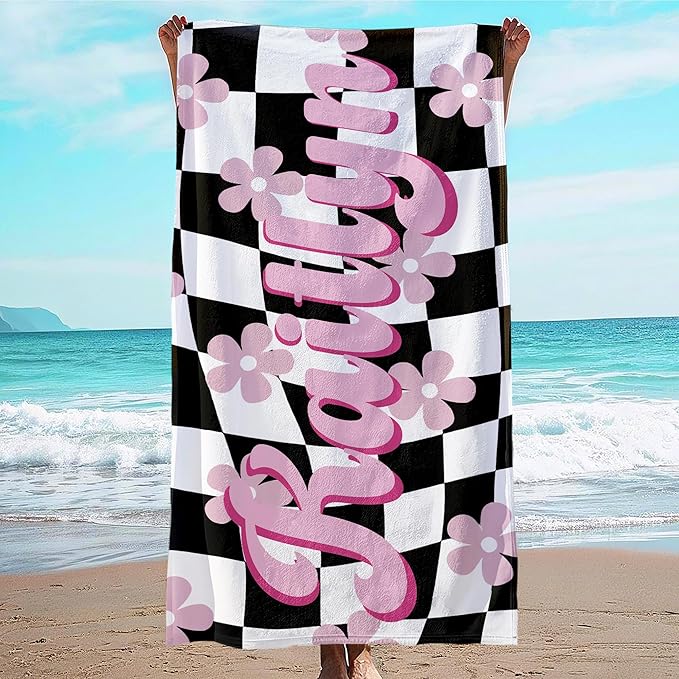 JML Personalized Beach Towel with Name, Custom Flower Beach Towel, Customized Microfiber Pool Towel, Quick Dry & Absorbent Swim Towel for Adult,Mother's Day, Birthday, Summer Holiday,Vacation