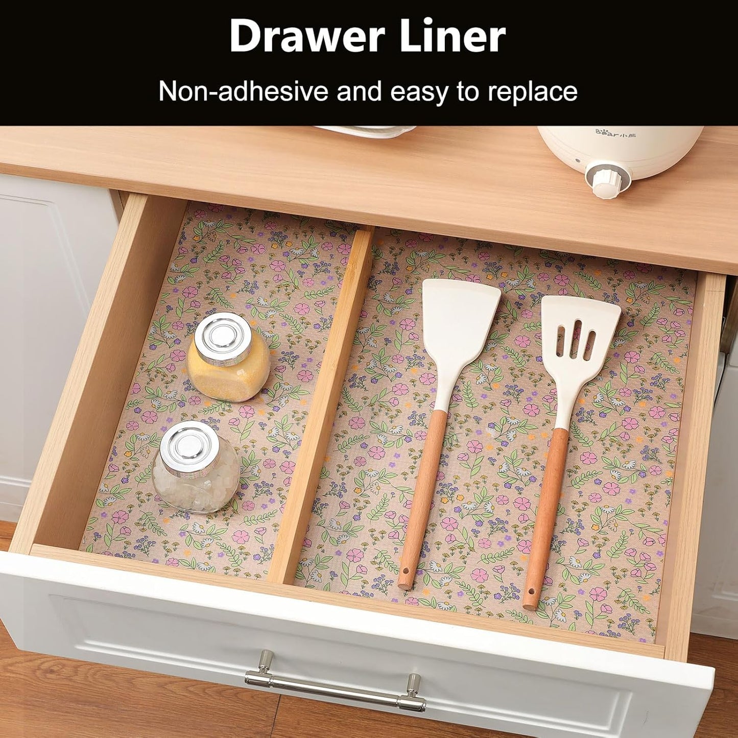 INNOLITES Non-Slip Shelf Liner – Cabinet & Drawer Liner Non-Adhesive – Waterproof Oil-Proof – Durable EVA with Floral for Kitchen Cabinets Refrigerator – BPA-Free, Easy to Cut 17.7" x 360"