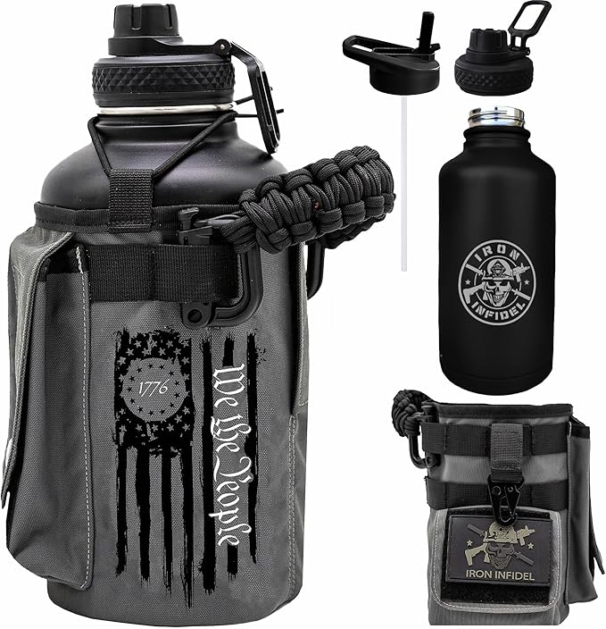 Iron Infidel Battle Bottle - Half Gallon Water Bottle Insulated, 64 oz Stainless Steel Water Jug with Paracord Handle - Gym Flask for Men with Rugged Sleeve for Storage (Betsy Ross 2 Liter)