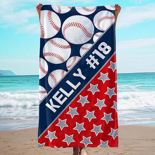 Personalized Beach Towel With Name, Custom Beach Towel with Text, Customized Microfiber Pool Towel, Quick Dry & Absorbent Swim Towel for Adult,Anniversary, Birthday, Summer Holiday,Vacation,Baseball