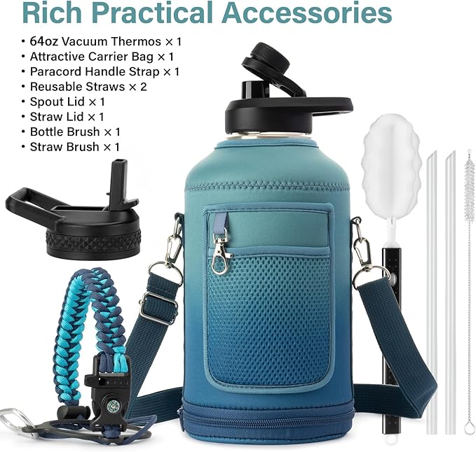 Insulated Water Bottle | Thickened Stainless Steel Vacuum Metal | Portable Sports Half Gallon Large Water Jug for Gym and Hiking with Straw, Carrier Bag, Handle Strap | BPA-Free 64 oz