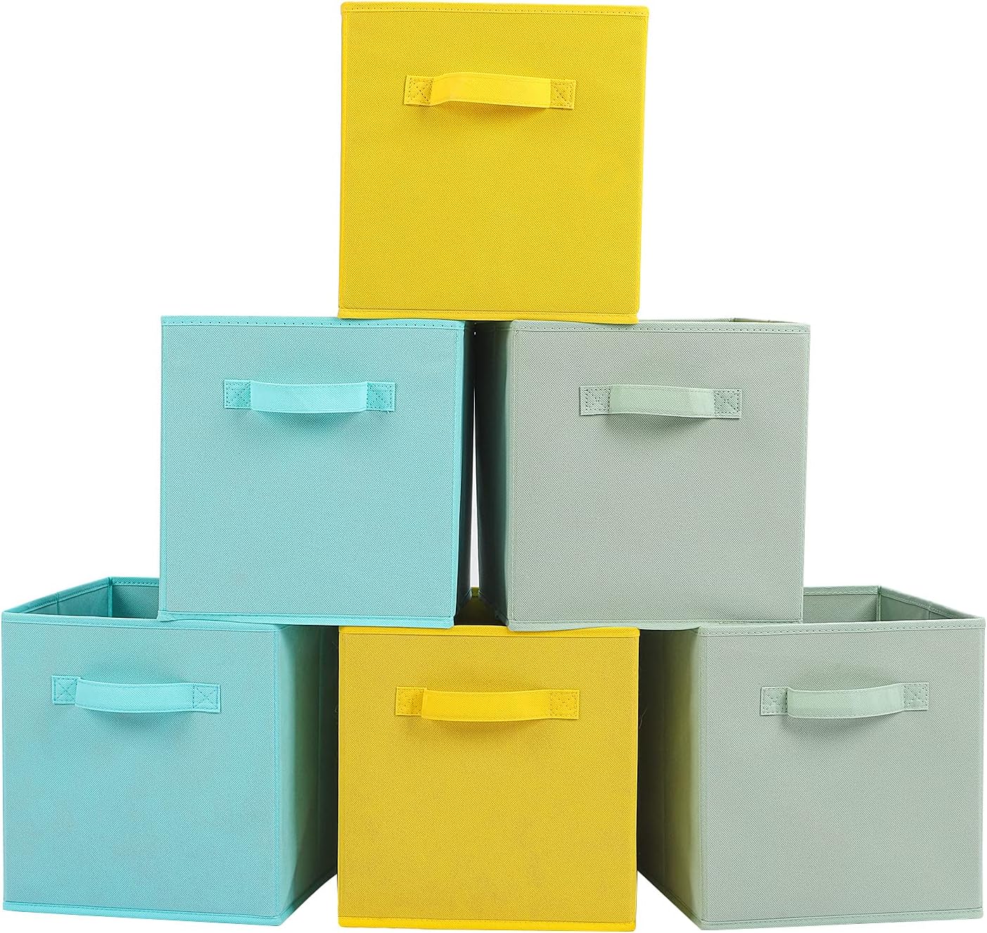 Stero Fabric Storage Bins 6 Pack Fun Colored Durable Storage Cubes with Handles Foldable Cube Baskets for Home, Kids Room, Closet and Toys Organization Cyan, Green, Yellow