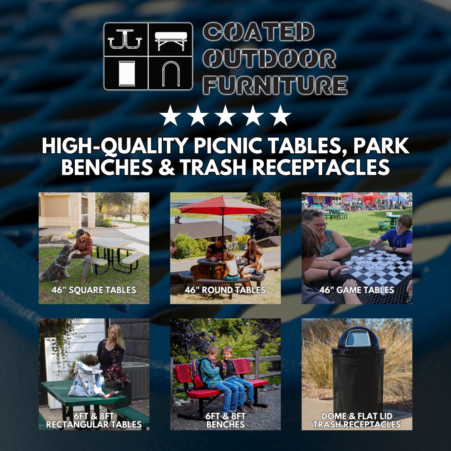 COATEDOUTDOORFURNITURE RDT-DBL Heavy Duty 32 Gallon Round Trash Receptacle, Liner Included, Dark Blue with Black Dome, Made in America