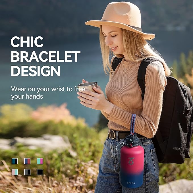 Trebo Insulated Water Bottle 64 oz, Half Gallon Metal Vacuum Water Jug with Paracord Handle and 3 Lids, Leakproof BPA-Free Flask for Gym Sports Hiking Travel, Keep Cold 48 Hours, Ruby Red