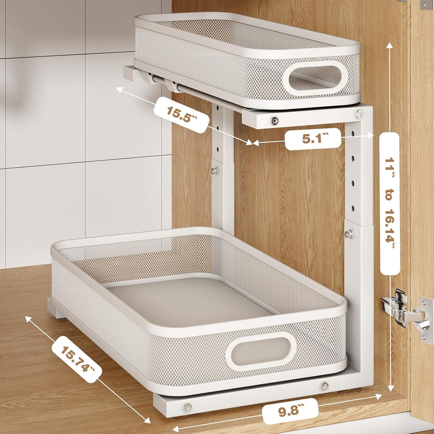 2 Pack Under Sink Organizer With Smooth Cylindrical Rail,2-Tier Pull Out Multi-Purpose Cabinet Storage for Bathroom&Kitchen,Height Adjustable,Rust-resistant Coating-White