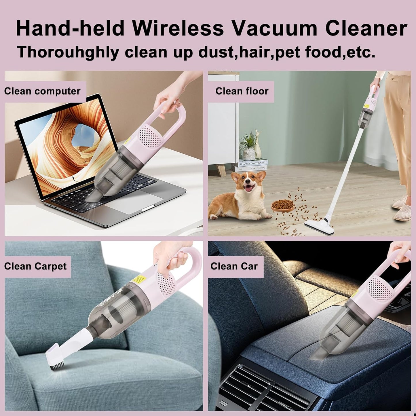 6-in-1 Lightweight Stick Vacuum Cleaner with 100W Powerful Motor, Mini Portable Household Handheld Vacuum Cleaner for Domestic Hard Floors, Carpets and Pet Hair(Pink Cordless)