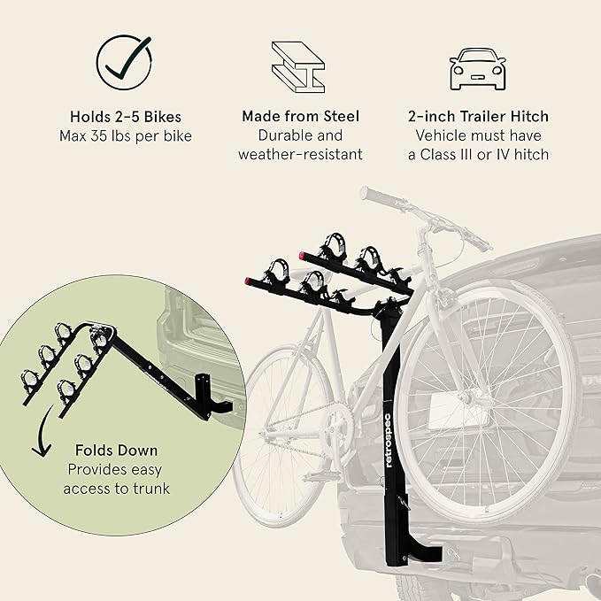 Retrospec Lenox 2-5 - Bike Hitch Rack for Cars, Trucks, SUVs with 2” Hitch | Foldable Steel Frame with Anti-Rattle Adapter, Tie Down Cradles and Straps - Fits Most Frames