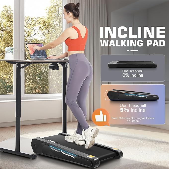 FUNMILY Smallest Walking Pad with 5% Incline, 2 in 1 Under Desk Treadmill for Home Office, 2.5 HP Mini Compact Walking Treadmill, Installation-Free/300lbs Weight Capacity/Unique Lighting Design