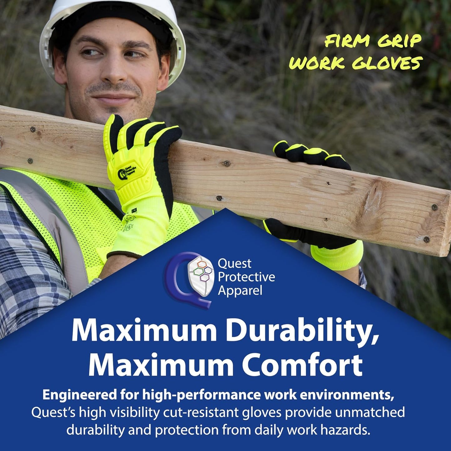 Quest Protective Apparel - High Visibility Cut Resistant Work Gloves - Puncture Resistant Safety Gloves for Men and Women Large, 1 Pair