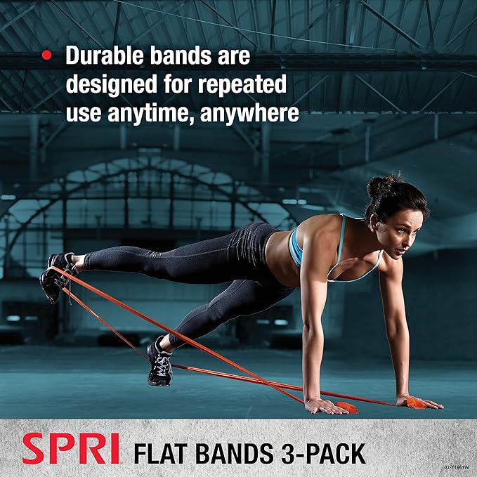 SPRI Flat Bands 3-Pack - Resistance Band Kit Set with 3 Levels of Resistance - Exercise Bands for Strength Training, Flexibility, & Body Workout - Versatile Fitness Tool - Light, Medium, and Heavy
