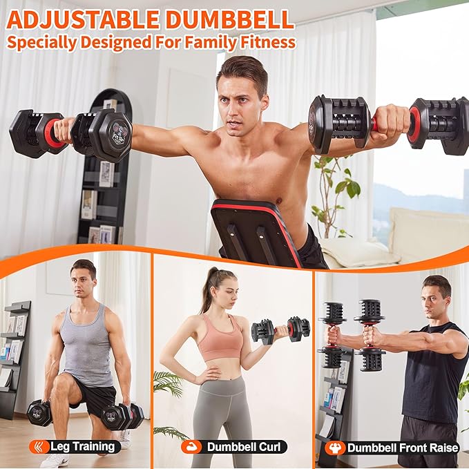 Adjustable Dumbbell Set 25/55/90LBS,10 in 1 Free Weights Dumbbell with Anti-Slip Texture Handle,1 Sec Speed Adjustment Men/Women Gym and Home Strength Training Equipment.