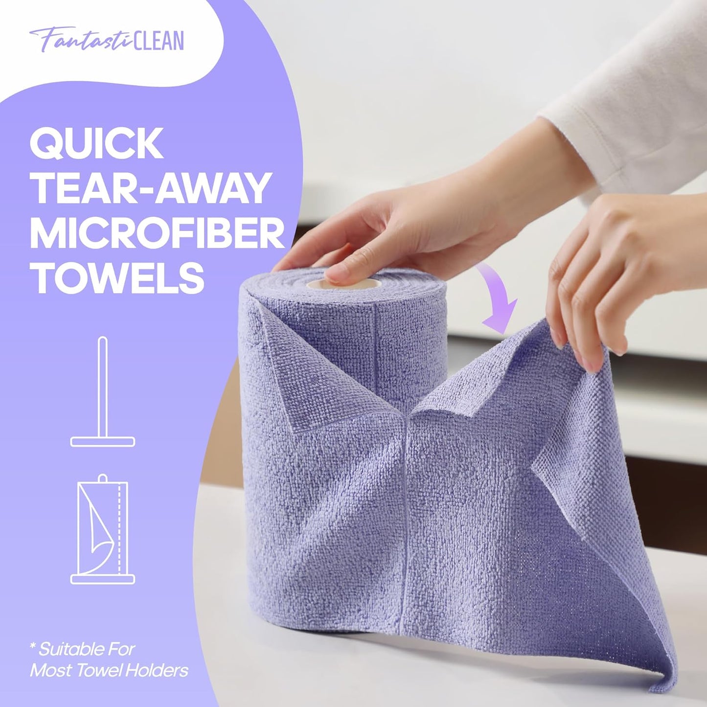 Fantasticlean Microfiber Cleaning Cloth Roll 4 Rolls 240 Pack, Tear Away Paperless Towels, 8" x 8", Reusable Washable Rags, Home Kitchen, Pet, Office, Indoor Outdoor, Portable (2Pink 2Light-Purple)