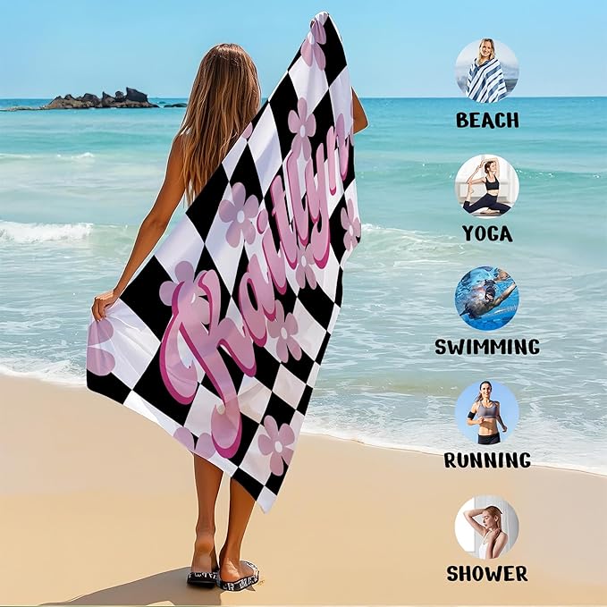 JML Personalized Beach Towel with Name, Custom Flower Beach Towel, Customized Microfiber Pool Towel, Quick Dry & Absorbent Swim Towel for Adult,Mother's Day, Birthday, Summer Holiday,Vacation